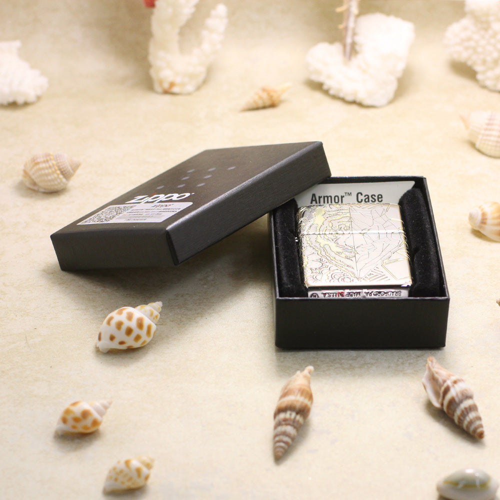 Zippo High Polish Chrome Deep Carved Geometric Split Face Tiger - SC11