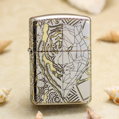 Zippo High Polish Chrome Deep Carved Geometric Split Face Tiger - SC11