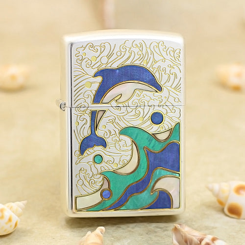 Zippo High Polish Chrome Dolphin and Mother of Pearl - CC104