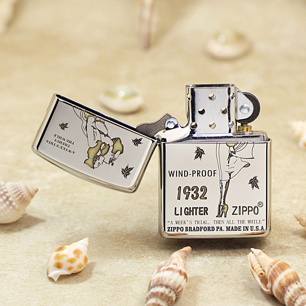 Zippo Premium Shine Steel Chiseled Pin-Up Maiden with Falling Leaves - SC04
