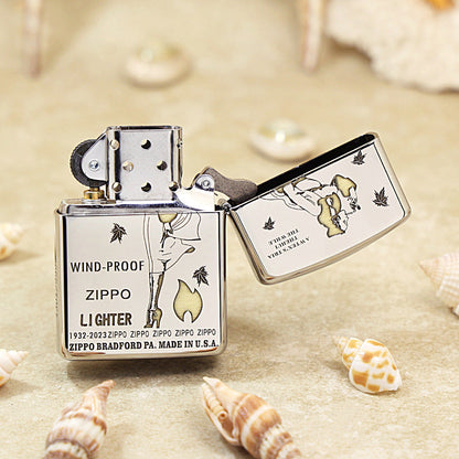 Zippo Premium Shine Steel Chiseled Pin-Up Maiden with Falling Leaves - SC04