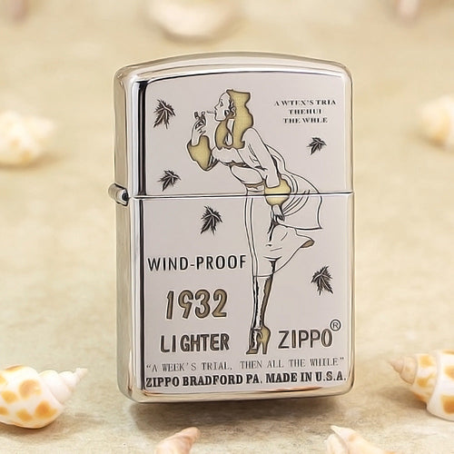 Zippo Premium Shine Steel Chiseled Pin-Up Maiden with Falling Leaves - SC04