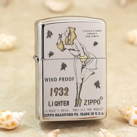 Zippo High Polish Chrome Engraved Pin-Up Girl with Falling Leaves - SC04