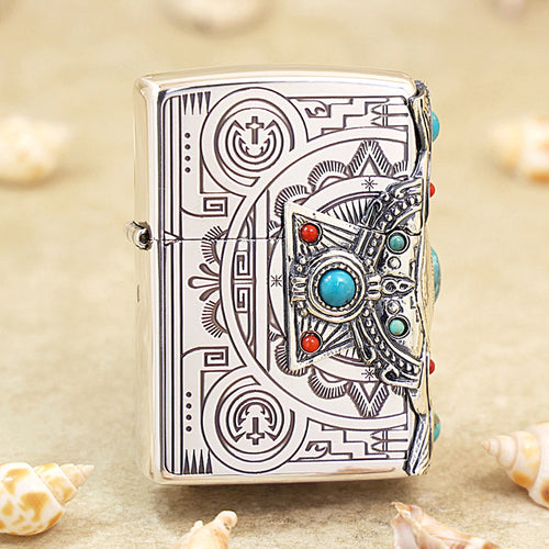 Zippo Native American Spirit Three-Sided Turquoise Inlay - JP44
