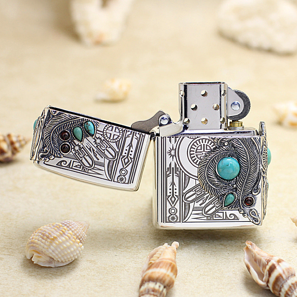 Zippo New Native American Three-Sided Feather Turquoise - JP48
