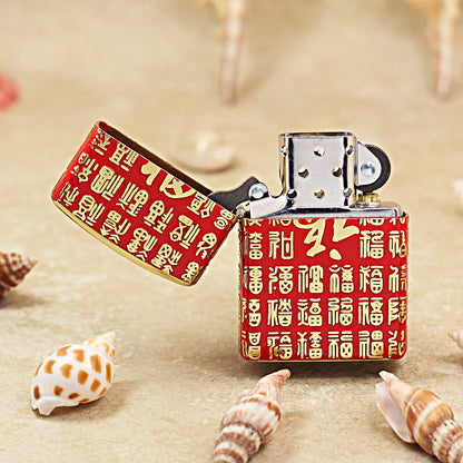 Zippo Red High Polish Gold Engraved Hundred Fu Characters - CS11