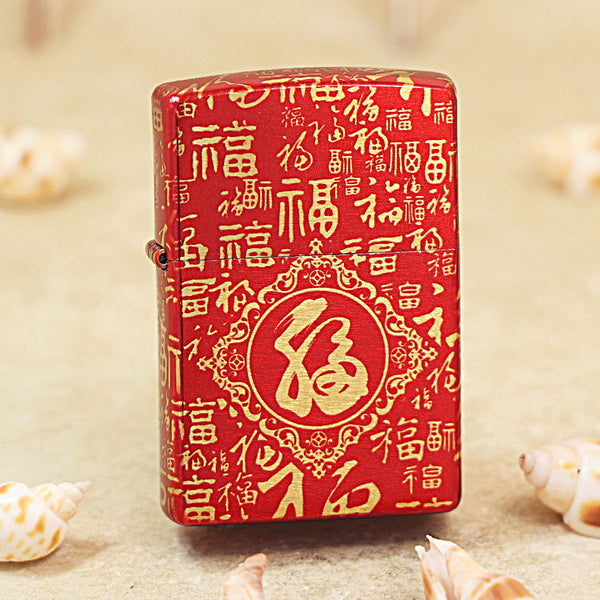 Zippo Red High Polish Gold Engraved Hundred Fu Characters - CS27