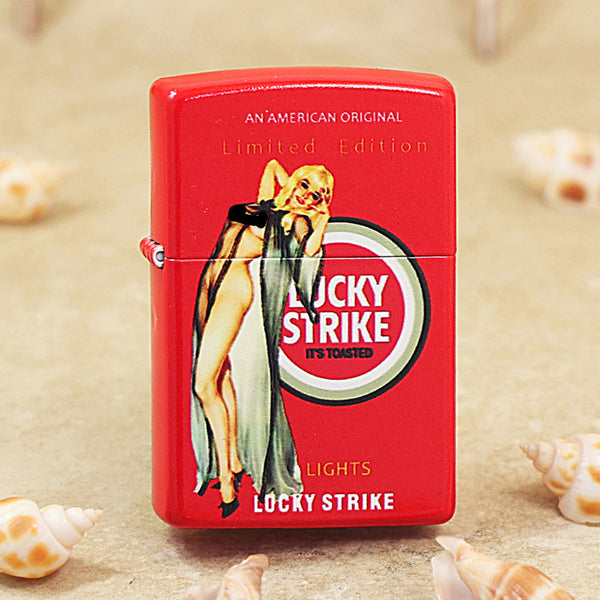 Zippo Red Matte Color Printed Lucky Strike Standing Pin-Up Girl - CS17