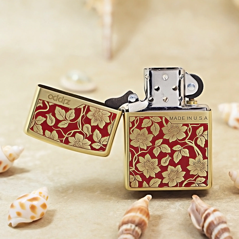 Zippo Red Matte Gold Relief Floral Vine Pattern - CS10