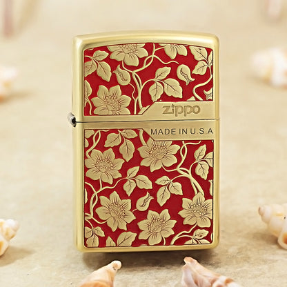 Zippo Red Matte Gold Relief Floral Vine Pattern - CS10