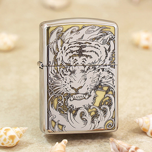Zippo Silver Deep Carved Ferocious Tiger Head in Waves - SC31