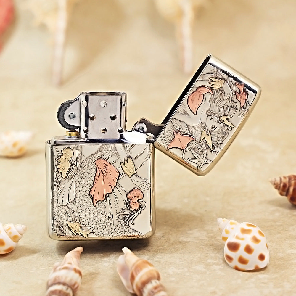 Zippo Silver Deep Carved Mermaid and Ocean Fantasy - CM09