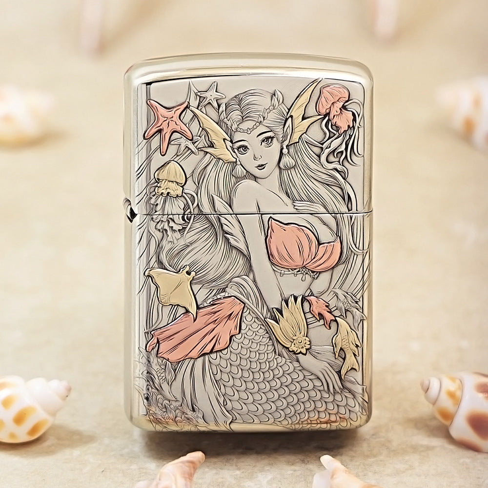 Zippo Silver Deep Carved Mermaid and Ocean Fantasy - CM09