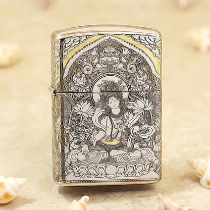 Zippo Silver Deep Carved White Tara Bodhisattva on Lotus - SC28