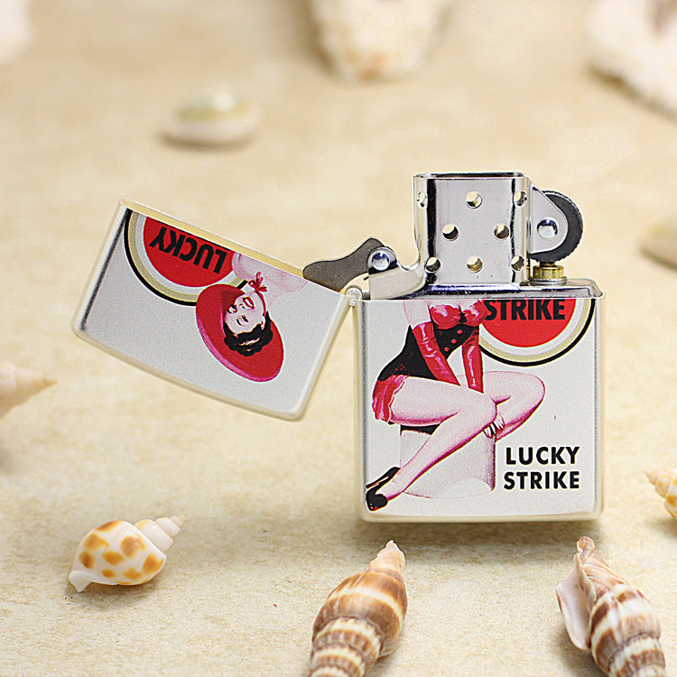 Zippo Silver Matte Color Printed Lucky Strike Black and Red Pin-Up - CS30