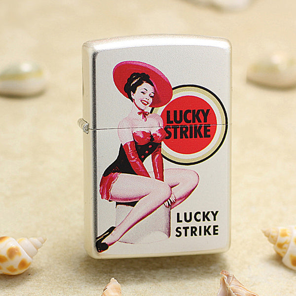 Zippo Silver Matte Color Printed Lucky Strike Black and Red Pin-Up - CS30