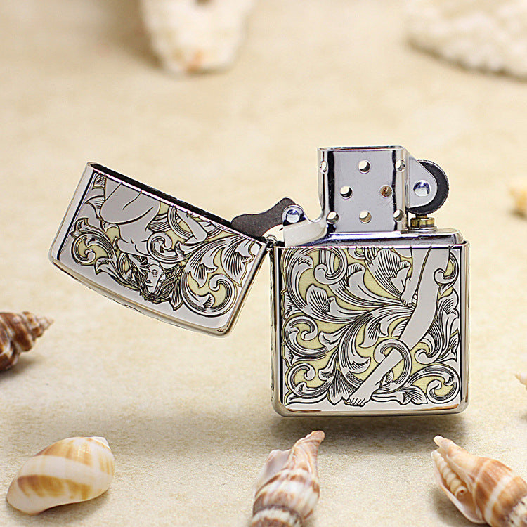 Zippo Silver and Gold Deep Carved Arabesque Nude Pin-Up - SC16