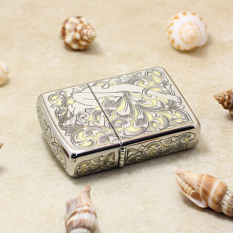 Zippo Silver and Gold Deep Carved Arabesque Nude Pin-Up - SC16