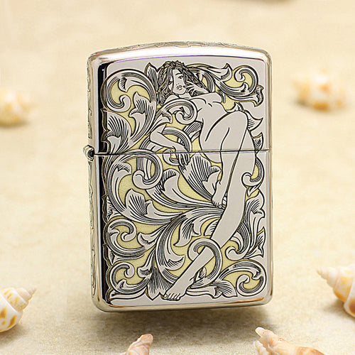 Zippo Silver and Gold Deep Carved Arabesque Nude Pin-Up - SC16