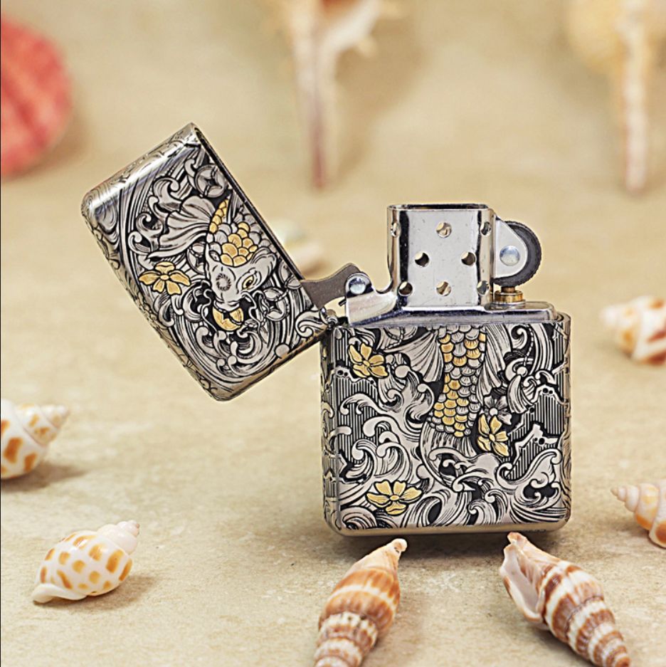 Zippo Silver and Gold Deep Carved Koi Fish in Waves - CM04