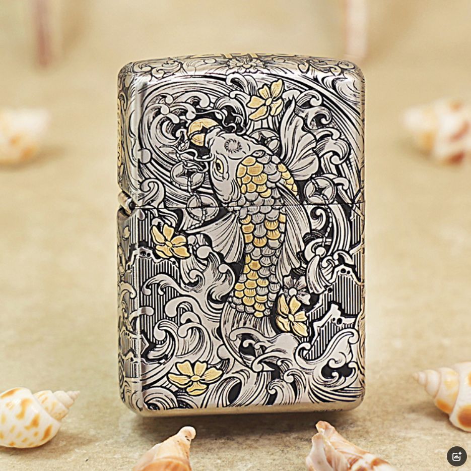 Zippo Silver and Gold Deep Carved Koi Fish in Waves - CM04