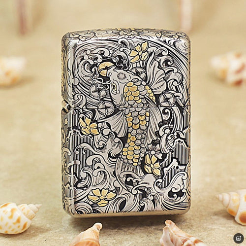 Zippo Silver and Gold Deep Carved Koi Fish in Waves - CM04