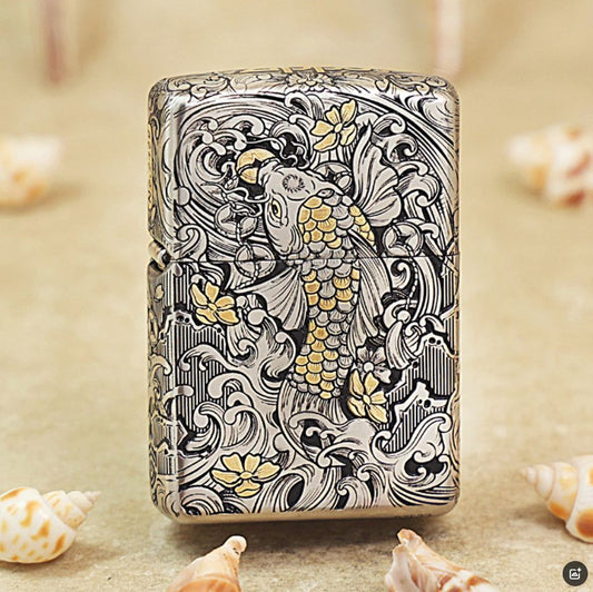 Zippo Silver and Gold Deep Carved Koi Fish in Waves - CM04