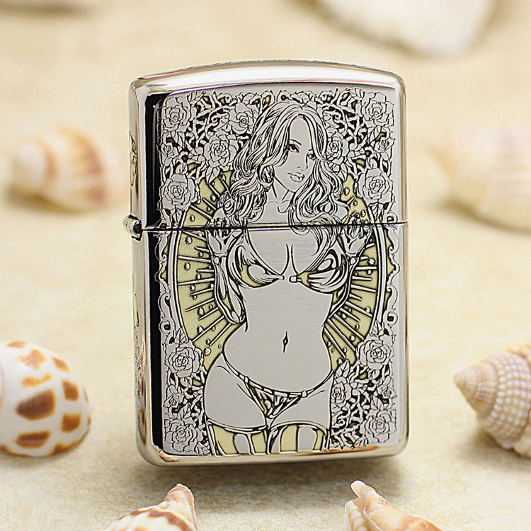 Zippo Silver and Gold Deep Carved Rose Frame Pin-Up Girl - SC24