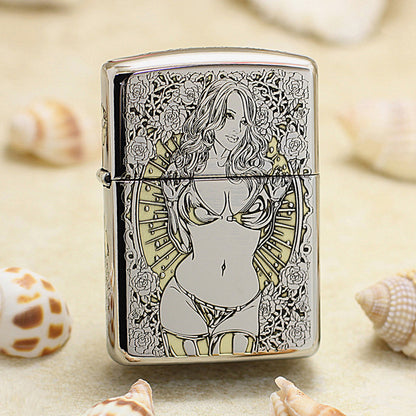 Zippo Silver and Gold Deep Carved Rose Frame Pin-Up Girl - SC24