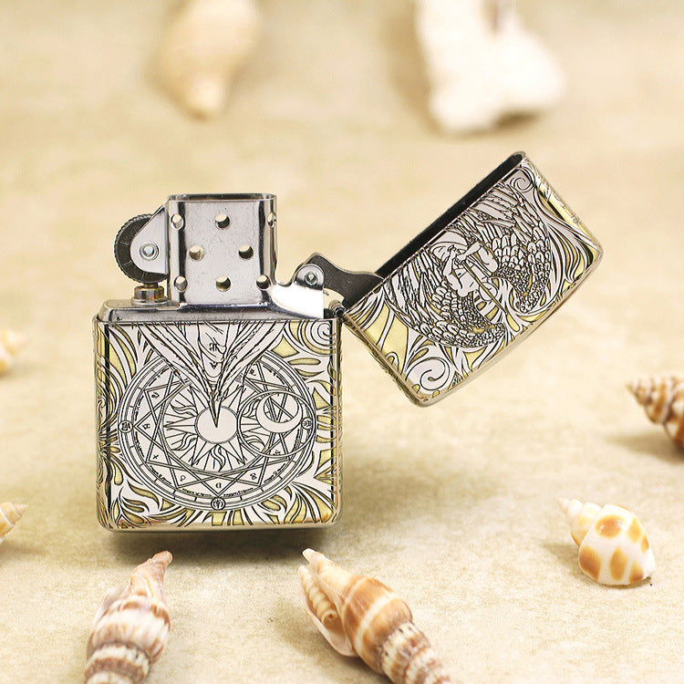 Zippo Silver and Gold Deep Carved Winged Figure and Sacred Geometry - SC32