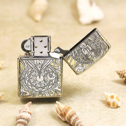 Zippo Silver and Gold Deep Carved Winged Figure and Sacred Geometry - SC32