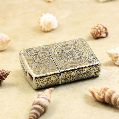 Zippo Silver and Gold Deep Carved Winged Figure and Sacred Geometry - SC32
