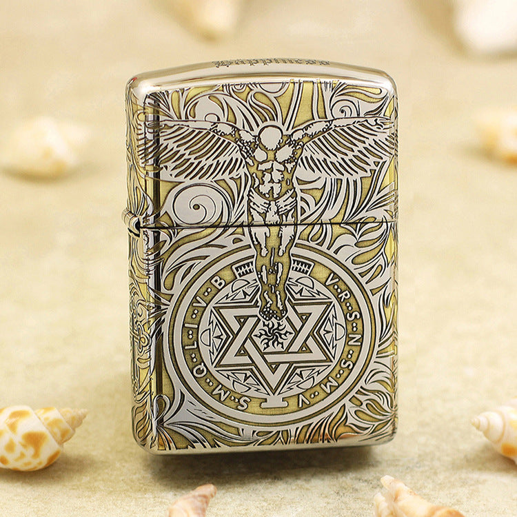 Zippo Silver and Gold Deep Carved Winged Figure and Sacred Geometry - SC32