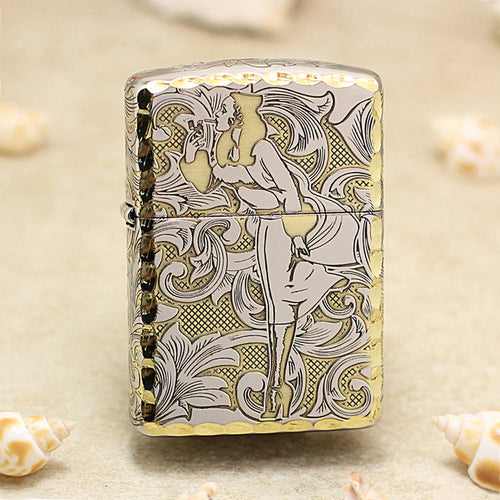 Zippo Two Tone Deep Carved Arabesque Pin-Up Girl in the Wind - SC07