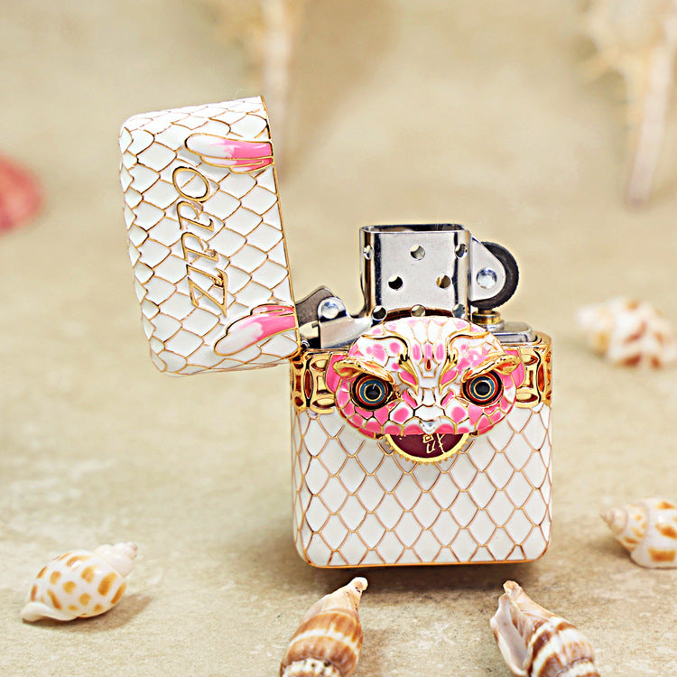 Zippo White Scale Enamel Case Set Pink Dragon Head - CM01