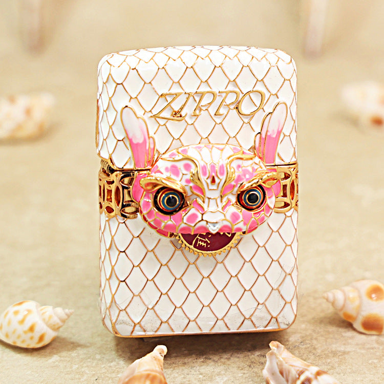 Zippo White Scale Enamel Case Set Pink Dragon Head - CM01