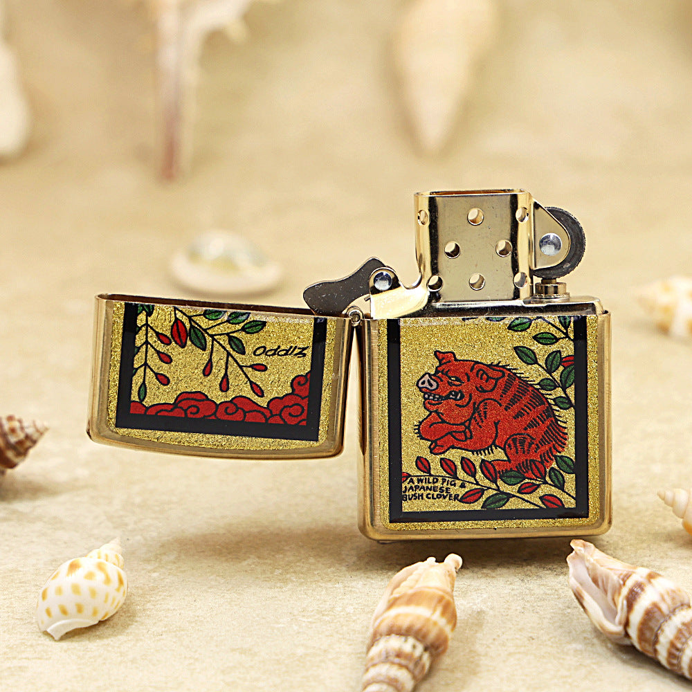 Zippo Wild Boar & Bush Clover Gold Plate - Animal Series - JP58