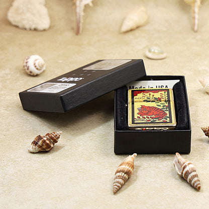 Zippo Wild Boar & Bush Clover Gold Plate - Animal Series - JP58