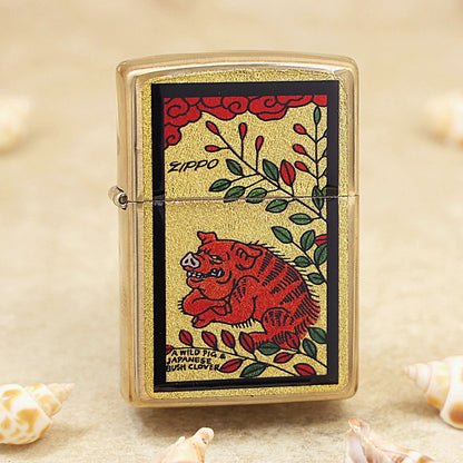 Zippo Wild Boar & Bush Clover Gold Plate - Animal Series - JP58