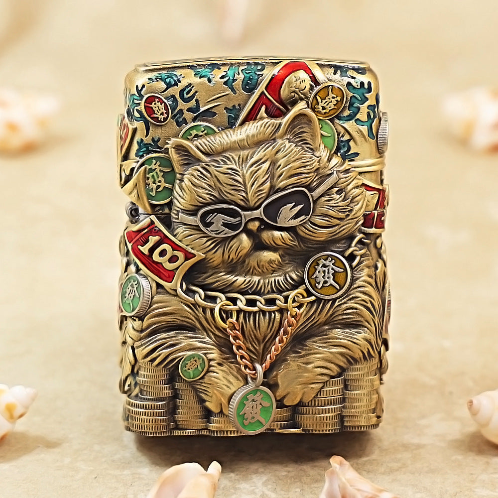 Zippo Antique Brass Cool Millionaire Fortune Cat Shell Case - CM89