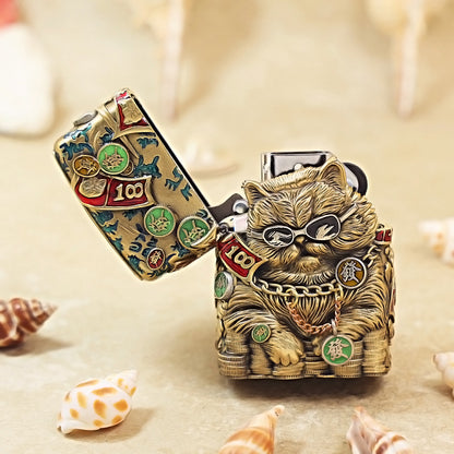 Zippo Antique Brass Cool Millionaire Fortune Cat Shell Case - CM89
