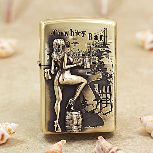 Zippo Antique Brass Cowboy Bar Western Saloon Emblem Lighter - DS174