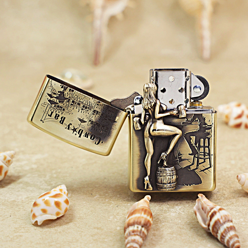 Zippo Antique Brass Cowboy Bar Western Saloon Emblem Lighter - DS174