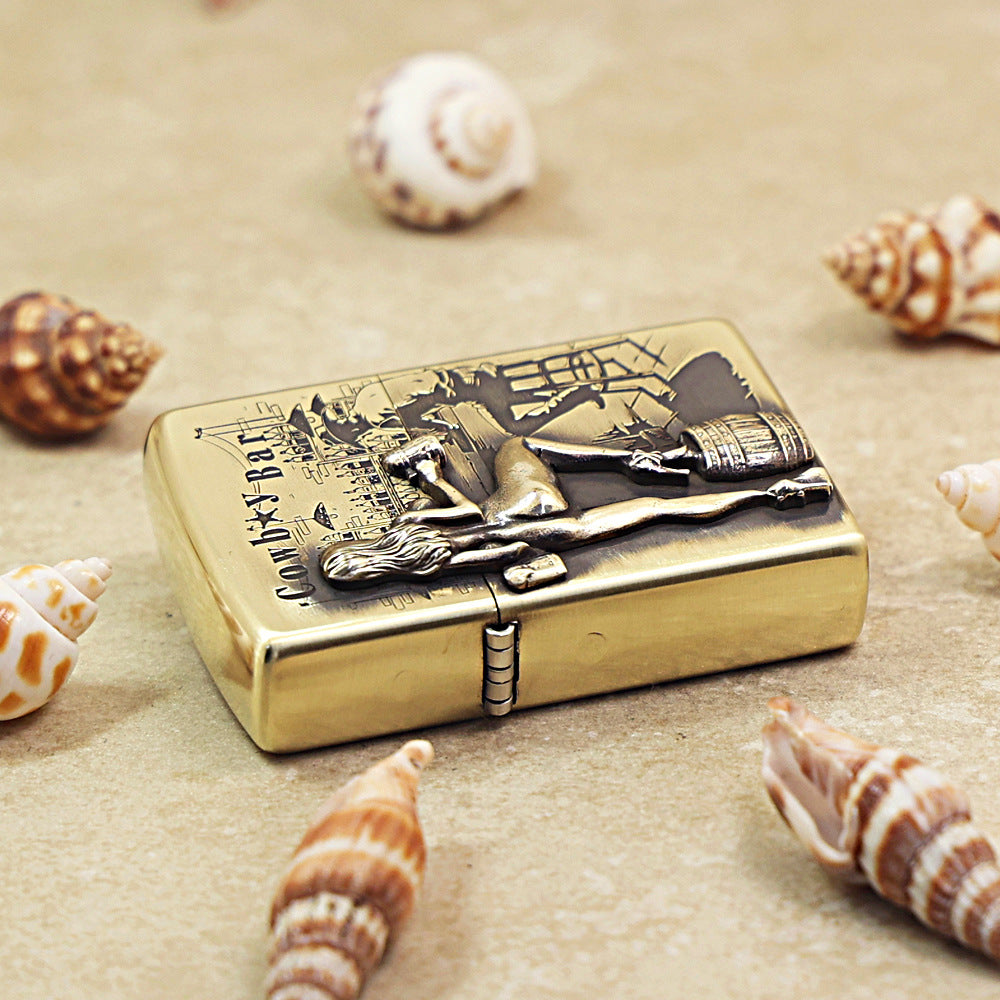 Zippo Antique Brass Cowboy Bar Western Saloon Emblem Lighter - DS174