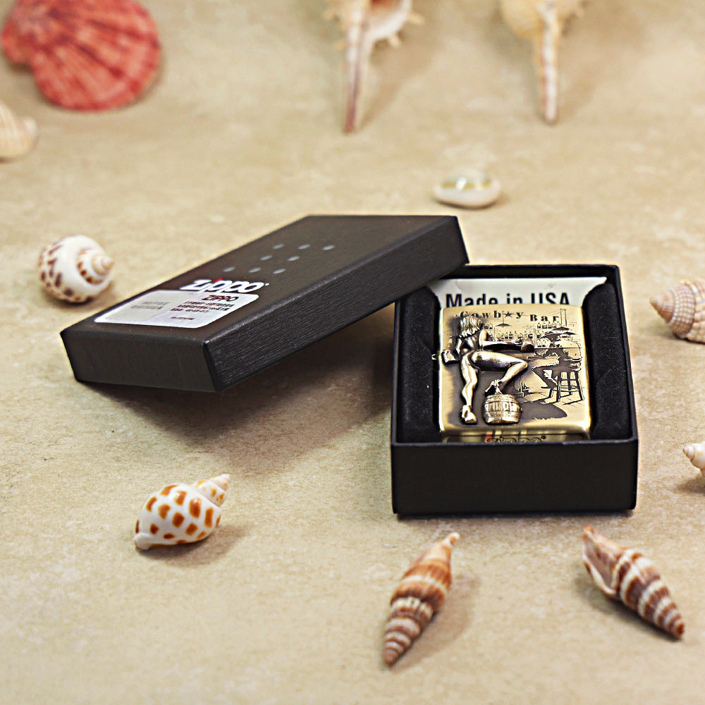 Zippo Antique Brass Cowboy Bar Western Saloon Emblem Lighter - DS174