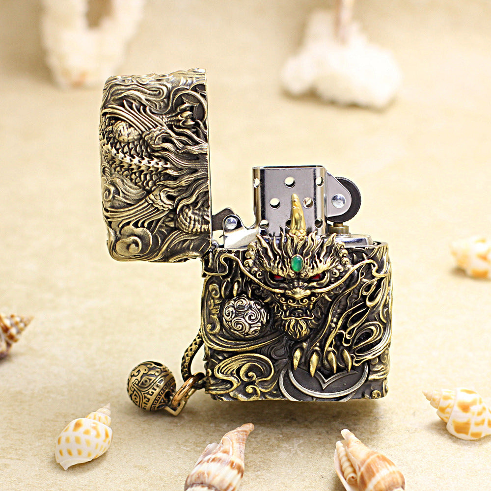 Zippo Antique Brass Dynamic Pixiu Mythical Beast Shell Case - CM97