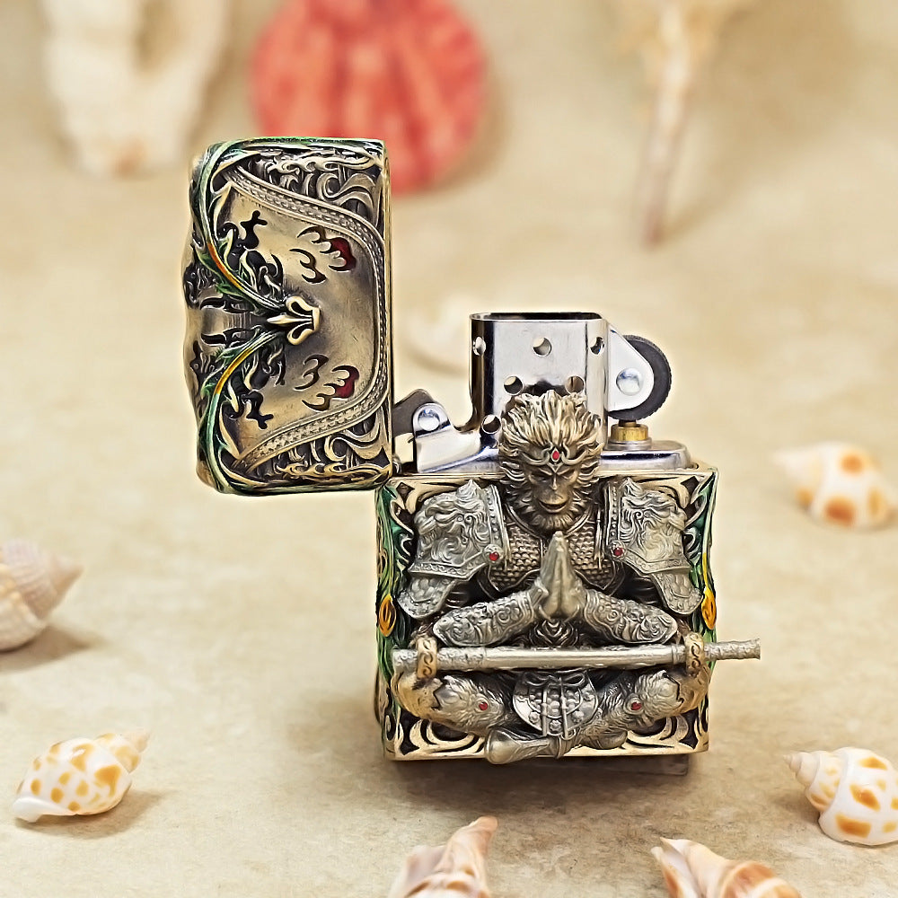 Zippo Antique Brass Luminous Sun Wukong Fighting Buddha Shell Case - CM92