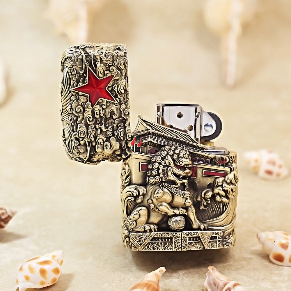 Zippo Antique Brass Majestic Pass Guardian Lion Shell Case - CM63