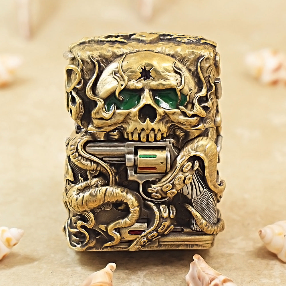Zippo Antique Brass Nether Zorro Skull and Revolver Shell Case - CM74