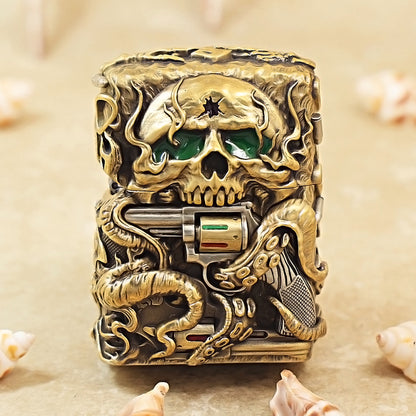 Zippo Antique Brass Nether Zorro Skull and Revolver Shell Case - CM74